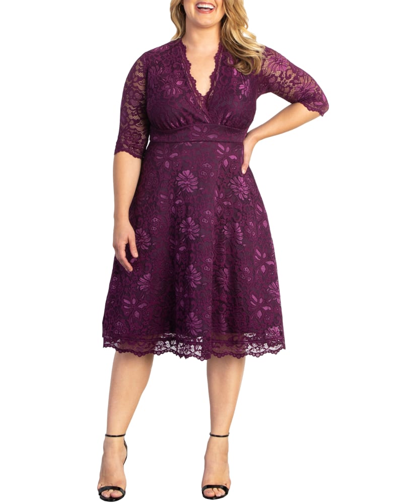 Front of a model wearing a size 0X Mademoiselle Lace Cocktail Dress in BERRY BLISS by Kiyonna. | dia_product_style_image_id:271600